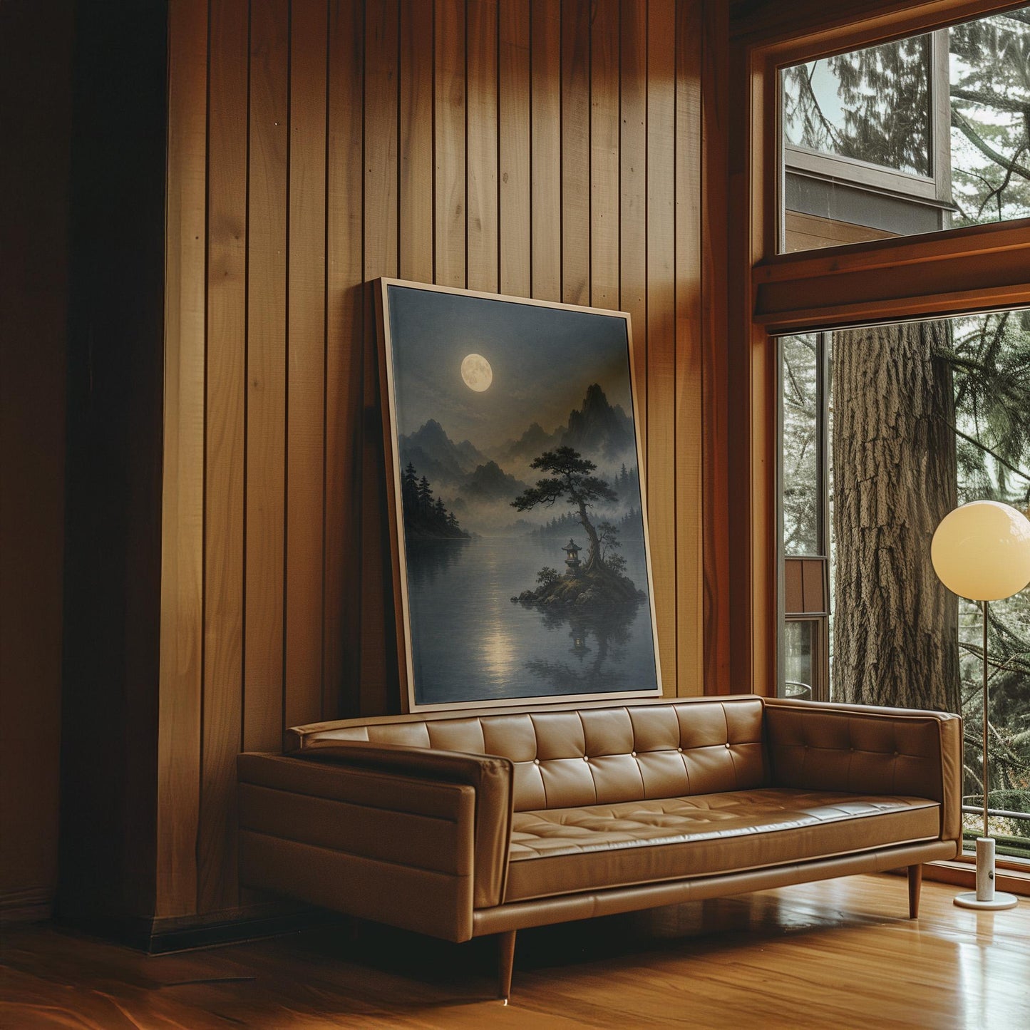Moonlit lake with a stone lantern on a small island, canvas print styled against a soft white wall