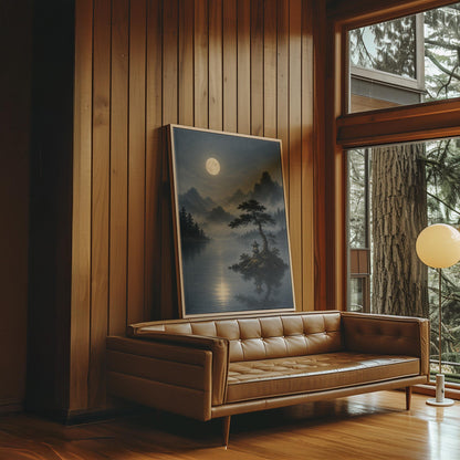 Moonlit lake with a stone lantern on a small island, canvas print styled against a soft white wall