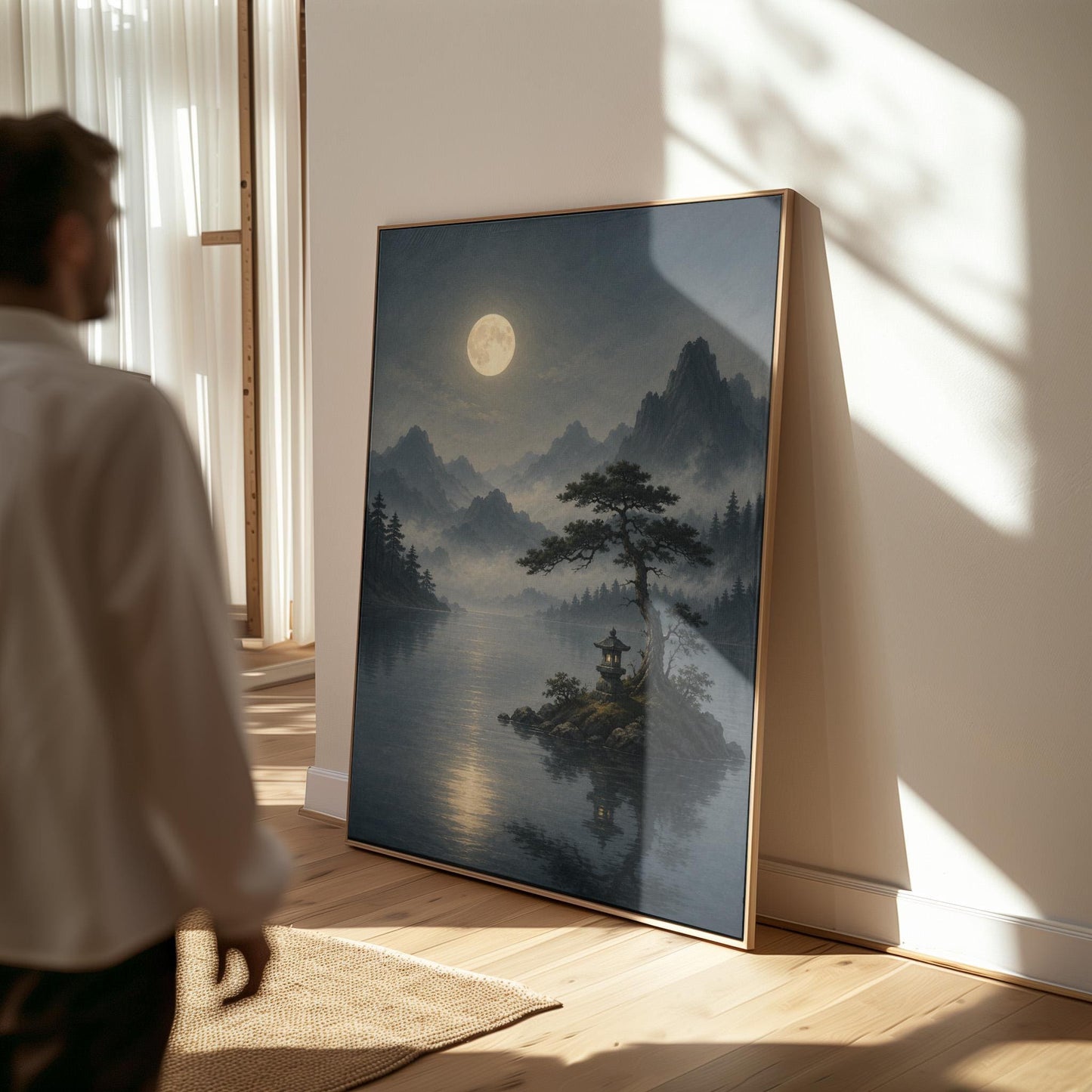 Moonlit lake with a stone lantern on a small island, canvas print seen in a warm interior with natural light