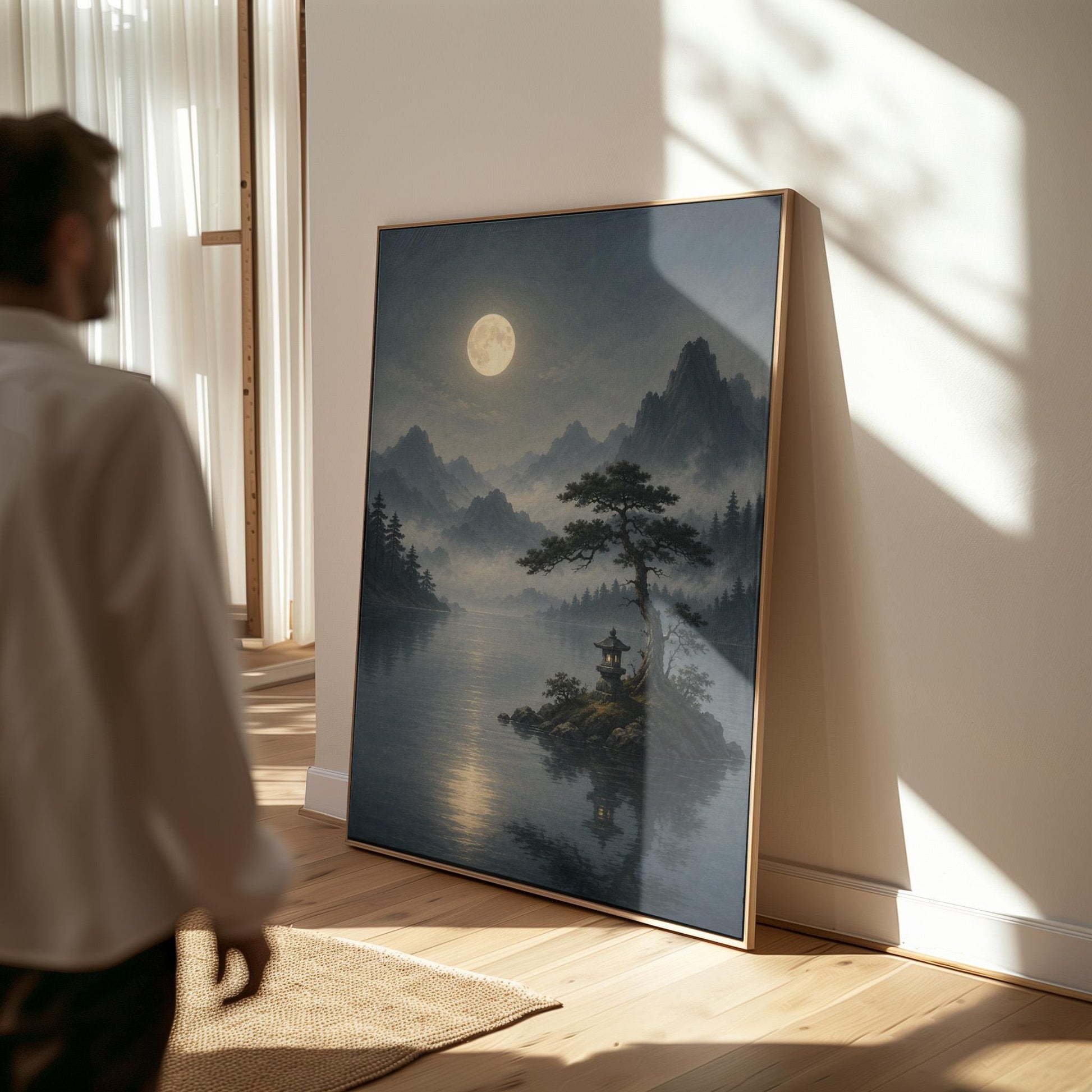 Moonlit lake with a stone lantern on a small island, canvas print seen in a warm interior with natural light