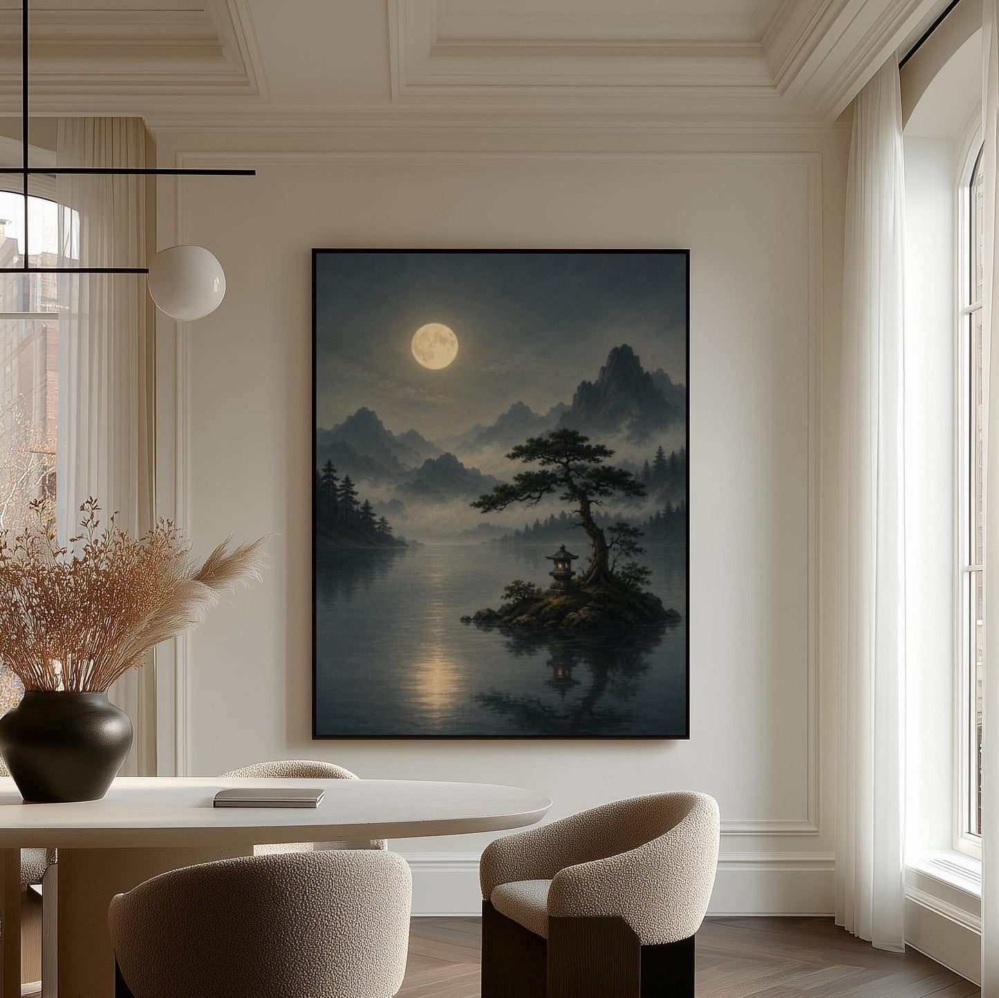 Moonlit lake with a stone lantern on a small island, canvas print presented in a light, minimal room