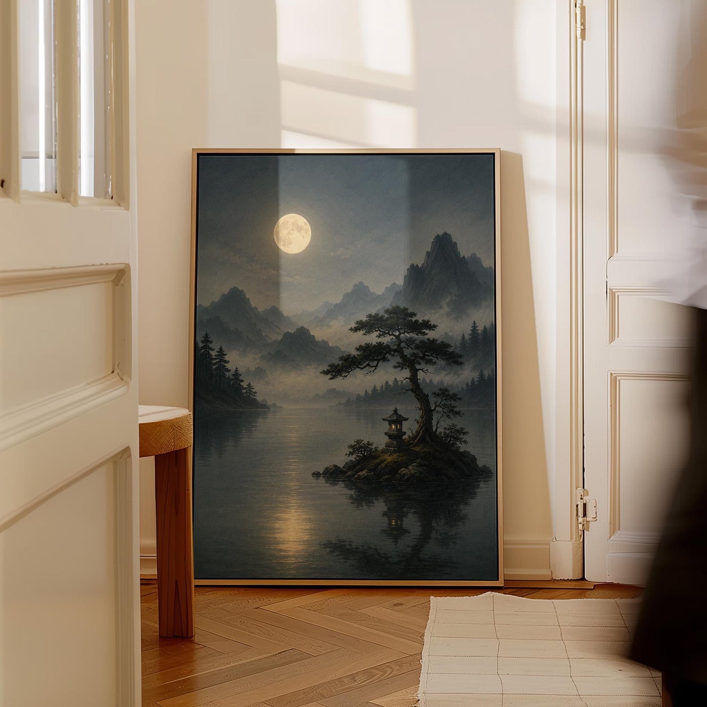 Moonlit lake with a stone lantern on a small island, canvas print on a quiet wall in a considered interior