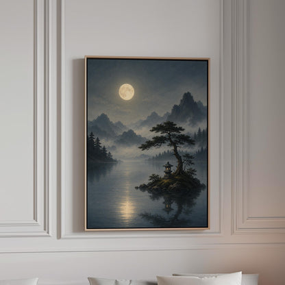 Moonlit lake with a stone lantern on a small island, canvas print in a bright room with natural daylight
