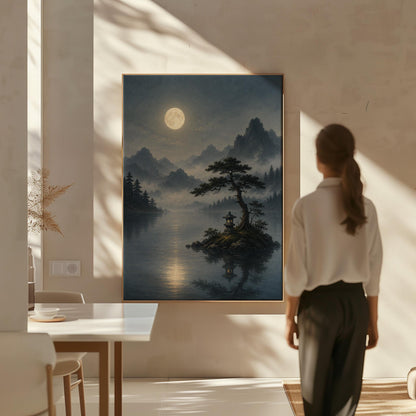 Moonlit lake with a stone lantern on a small island, canvas print displayed on a neutral wall in a styled interior