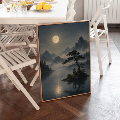Moonlit lake with a stone lantern on a small island, canvas wall art styled against a soft white wall
