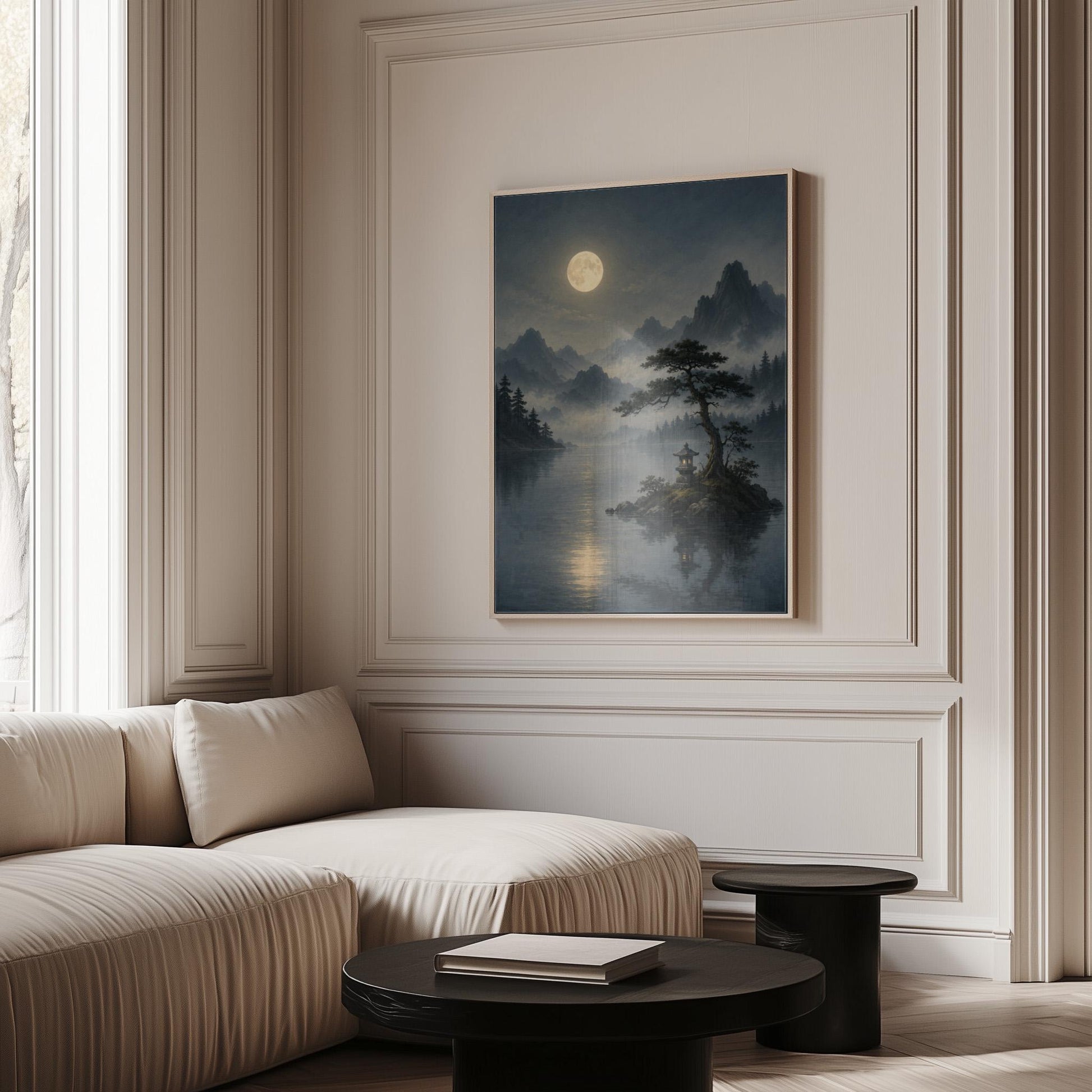 Moonlit lake with a stone lantern on a small island, canvas wall art seen in a warm interior with natural light
