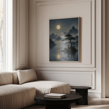 Moonlit lake with a stone lantern on a small island, canvas wall art seen in a warm interior with natural light