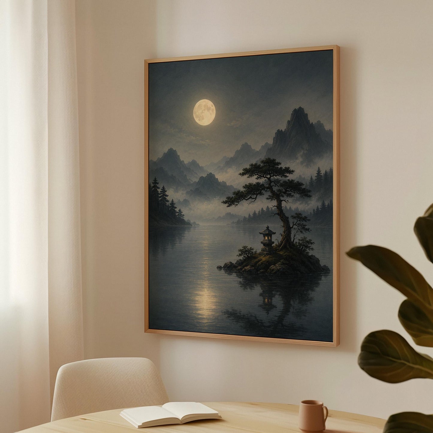 Moonlit lake with a stone lantern on a small island, canvas wall art presented in a light, minimal room