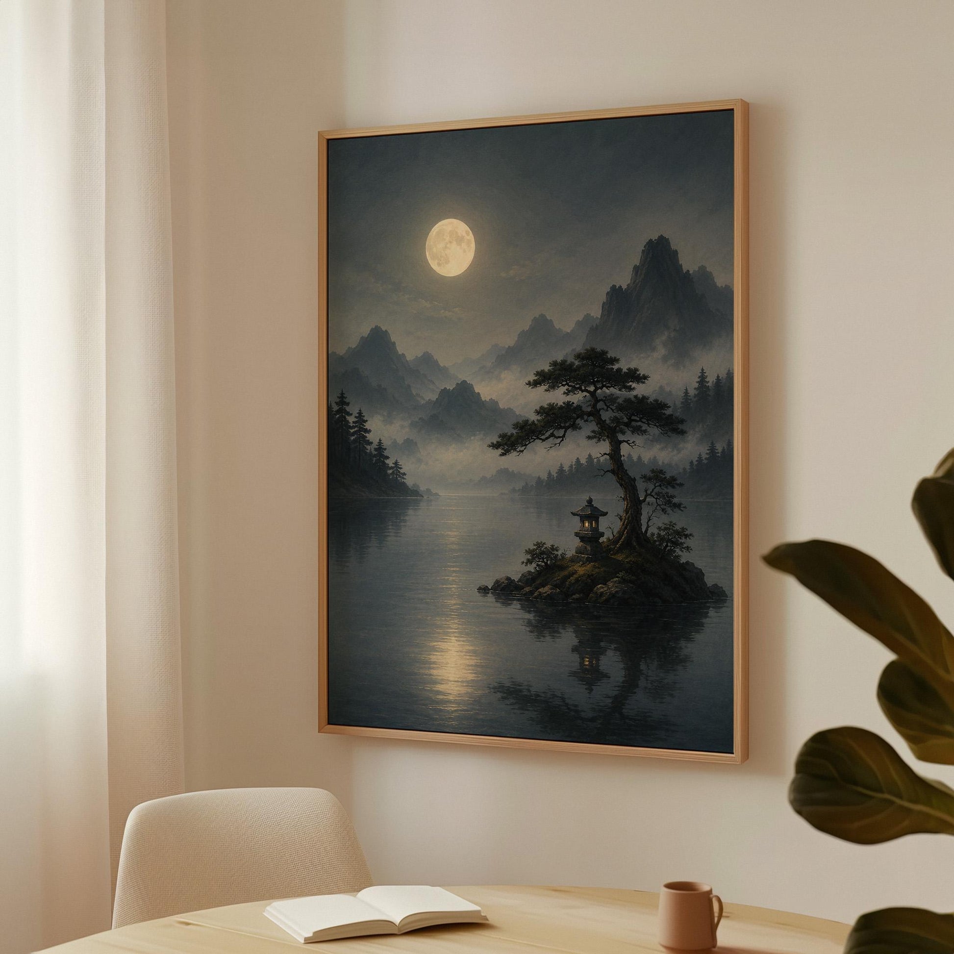 Moonlit lake with a stone lantern on a small island, canvas wall art presented in a light, minimal room