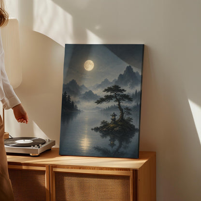 Moonlit lake with a stone lantern on a small island, canvas wall art on a quiet wall in a considered interior