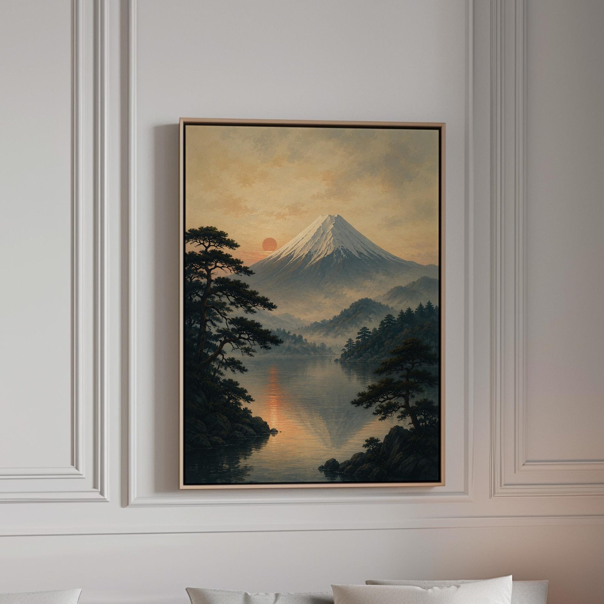 Snow-capped Mount Fuji at sunrise over a still lake, canvas print in a bright room with natural daylight
