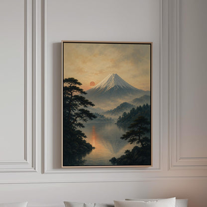 Snow-capped Mount Fuji at sunrise over a still lake, canvas print in a bright room with natural daylight