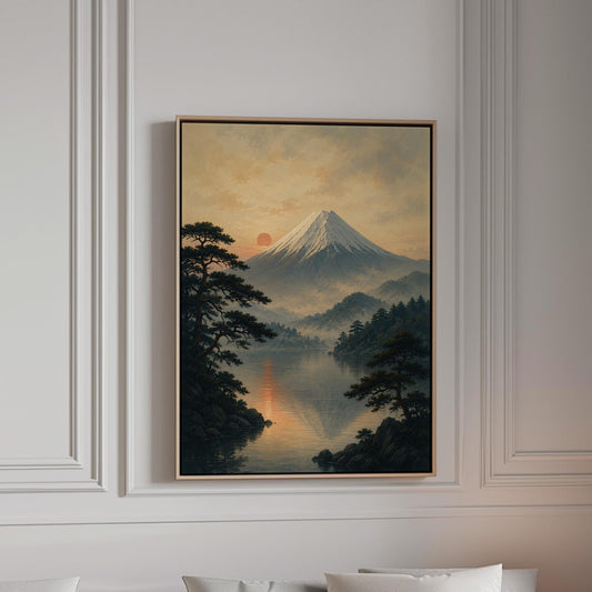 Snow-capped Mount Fuji at sunrise over a still lake, canvas print in a bright room with natural daylight