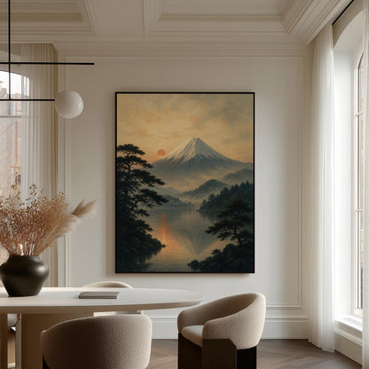 Snow-capped Mount Fuji at sunrise over a still lake, canvas print hanging in a calm, modern living space