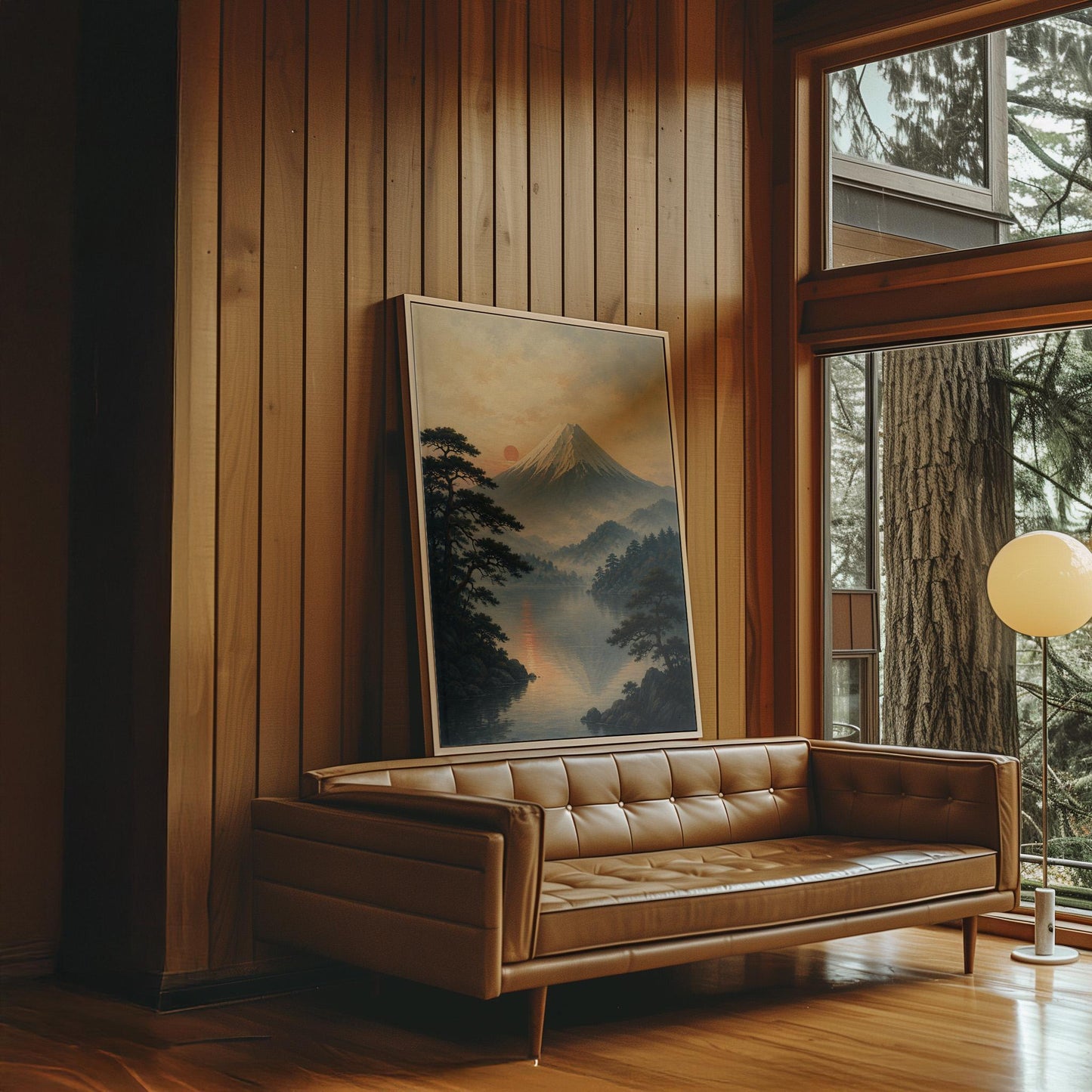 Snow-capped Mount Fuji at sunrise over a still lake, canvas wall art hanging in a calm, modern living space