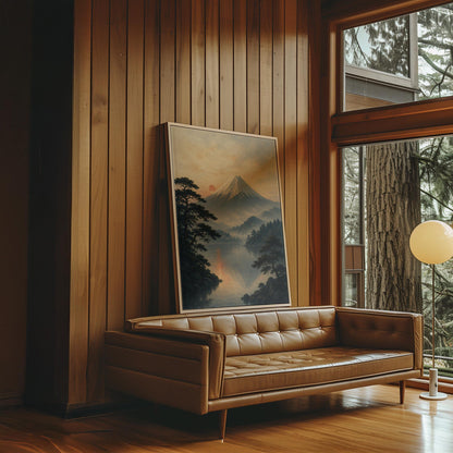 Snow-capped Mount Fuji at sunrise over a still lake, canvas wall art hanging in a calm, modern living space
