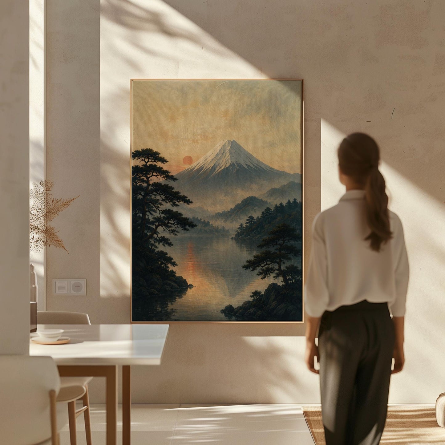 Snow-capped Mount Fuji at sunrise over a still lake, canvas print styled against a soft white wall