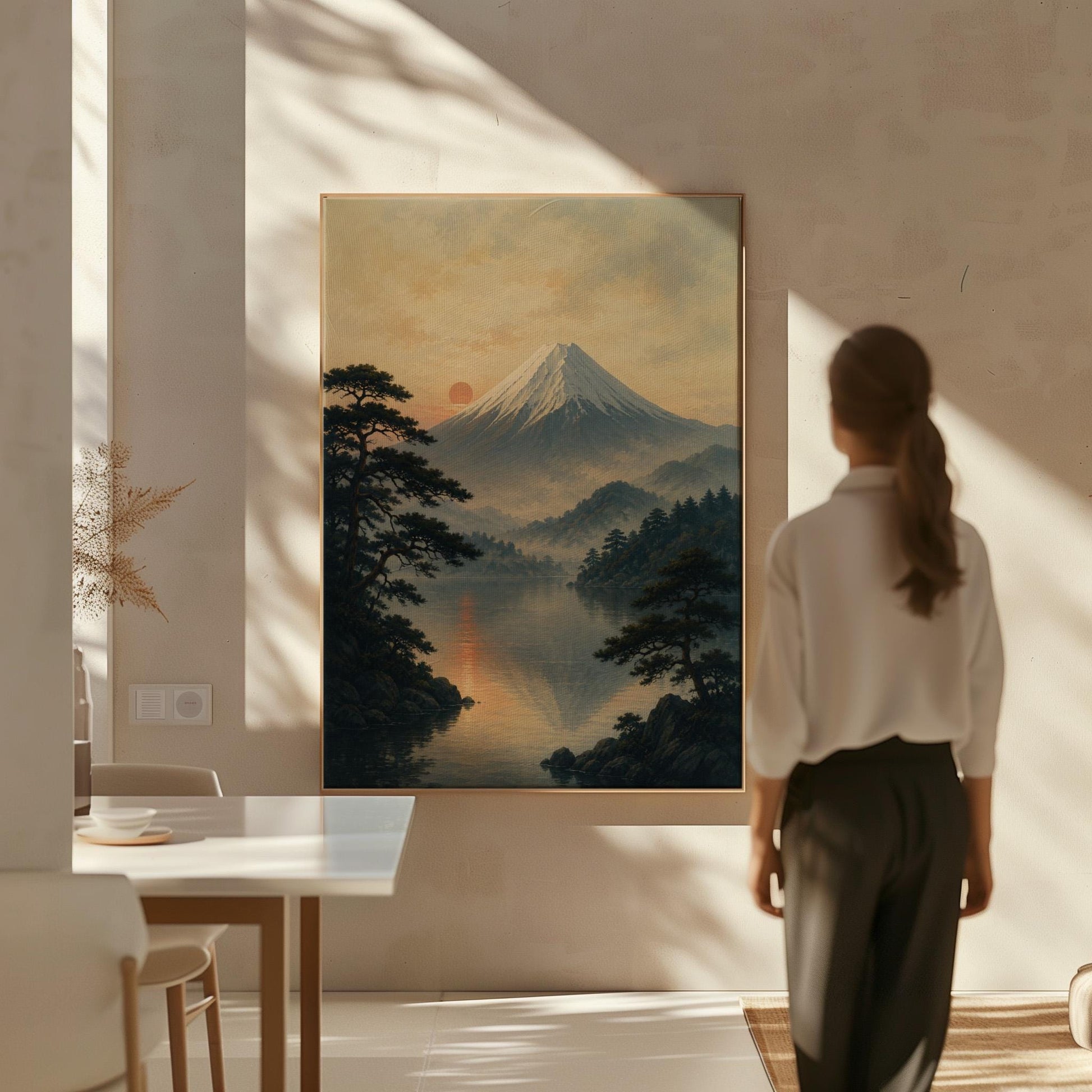 Snow-capped Mount Fuji at sunrise over a still lake, canvas print styled against a soft white wall