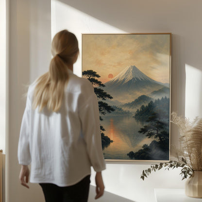 Snow-capped Mount Fuji at sunrise over a still lake, canvas wall art presented in a light, minimal room