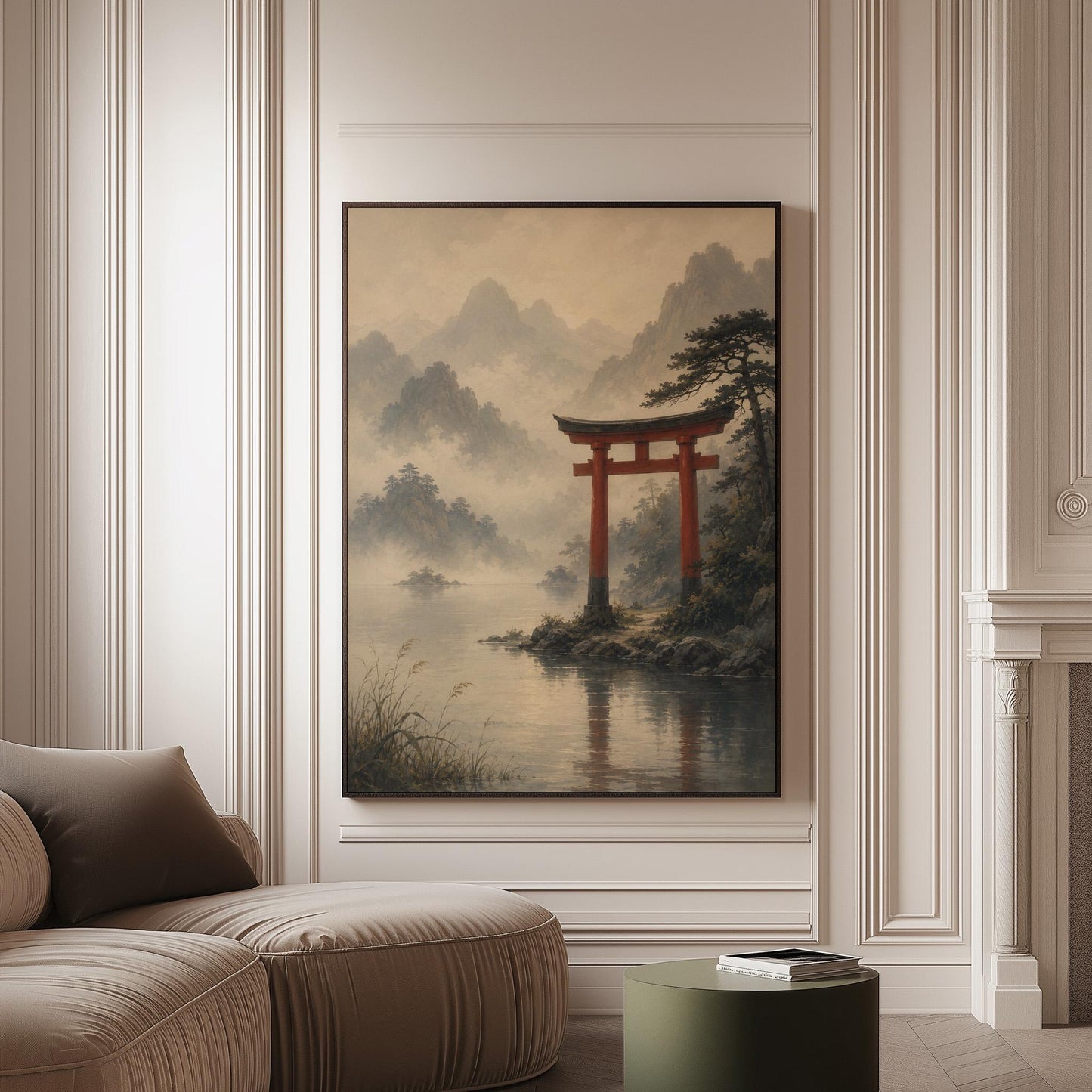 Red torii gate at the edge of a misty lake, canvas print on a softly lit wall in a calm interior