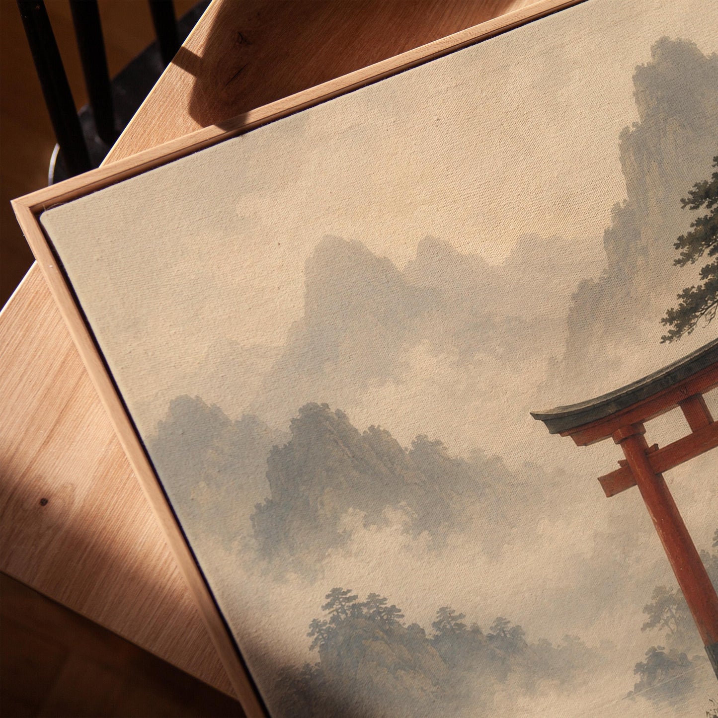 Red torii gate at the edge of a misty lake, canvas print in a warm, minimally styled interior