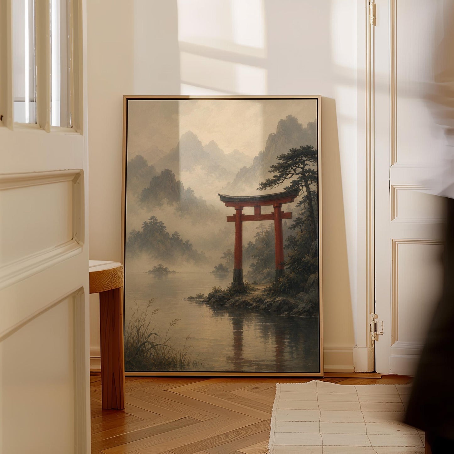 Red torii gate at the edge of a misty lake, canvas print styled against a soft white wall