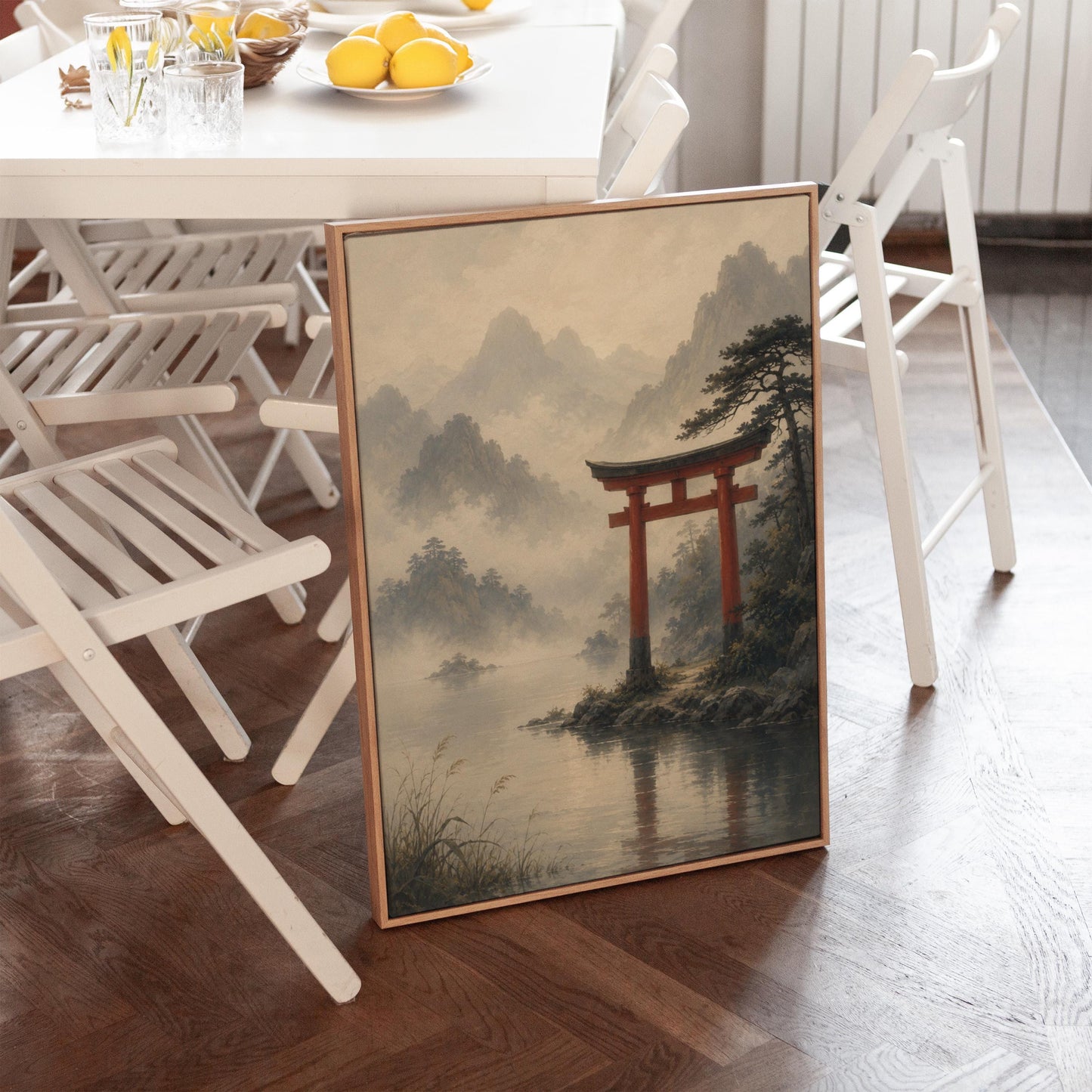 Red torii gate at the edge of a misty lake, canvas print displayed on a neutral wall in a styled interior
