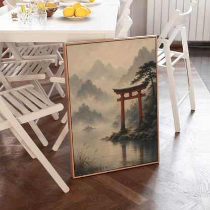 Red torii gate at the edge of a misty lake, canvas print displayed on a neutral wall in a styled interior