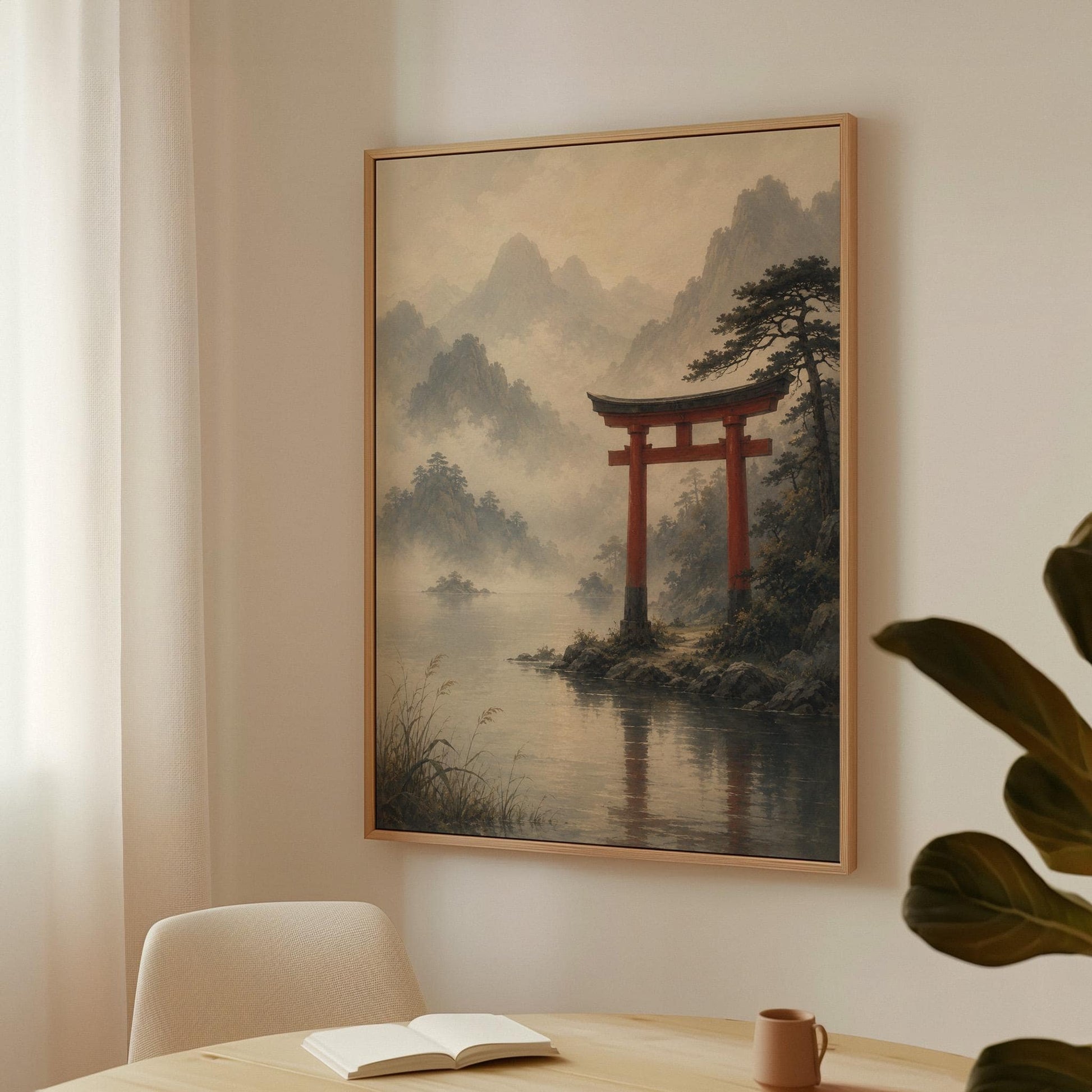 Red torii gate at the edge of a misty lake, canvas print shown in a sunlit, contemporary room
