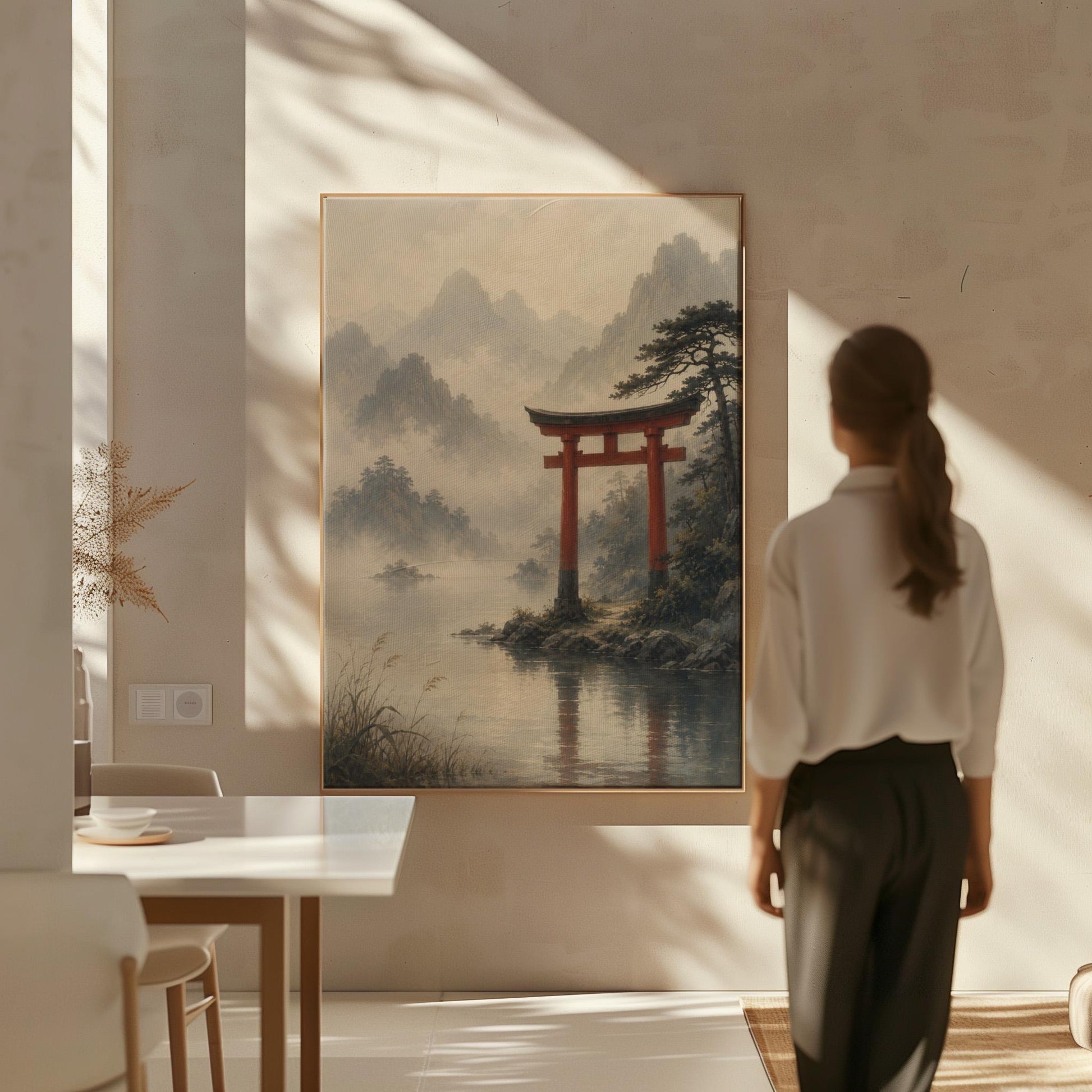 Red torii gate at the edge of a misty lake, canvas print presented in a light, minimal room