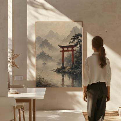 Red torii gate at the edge of a misty lake, canvas print presented in a light, minimal room