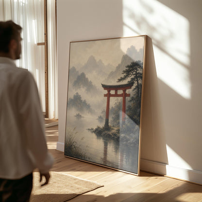 Red torii gate at the edge of a misty lake, canvas wall art on a quiet wall in a considered interior