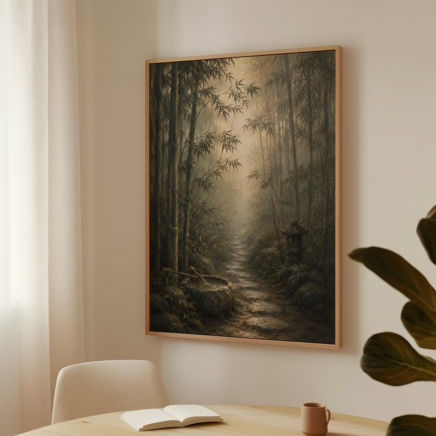 Stone path through a misty bamboo forest with a water basin, canvas print hanging in a calm, modern living space
