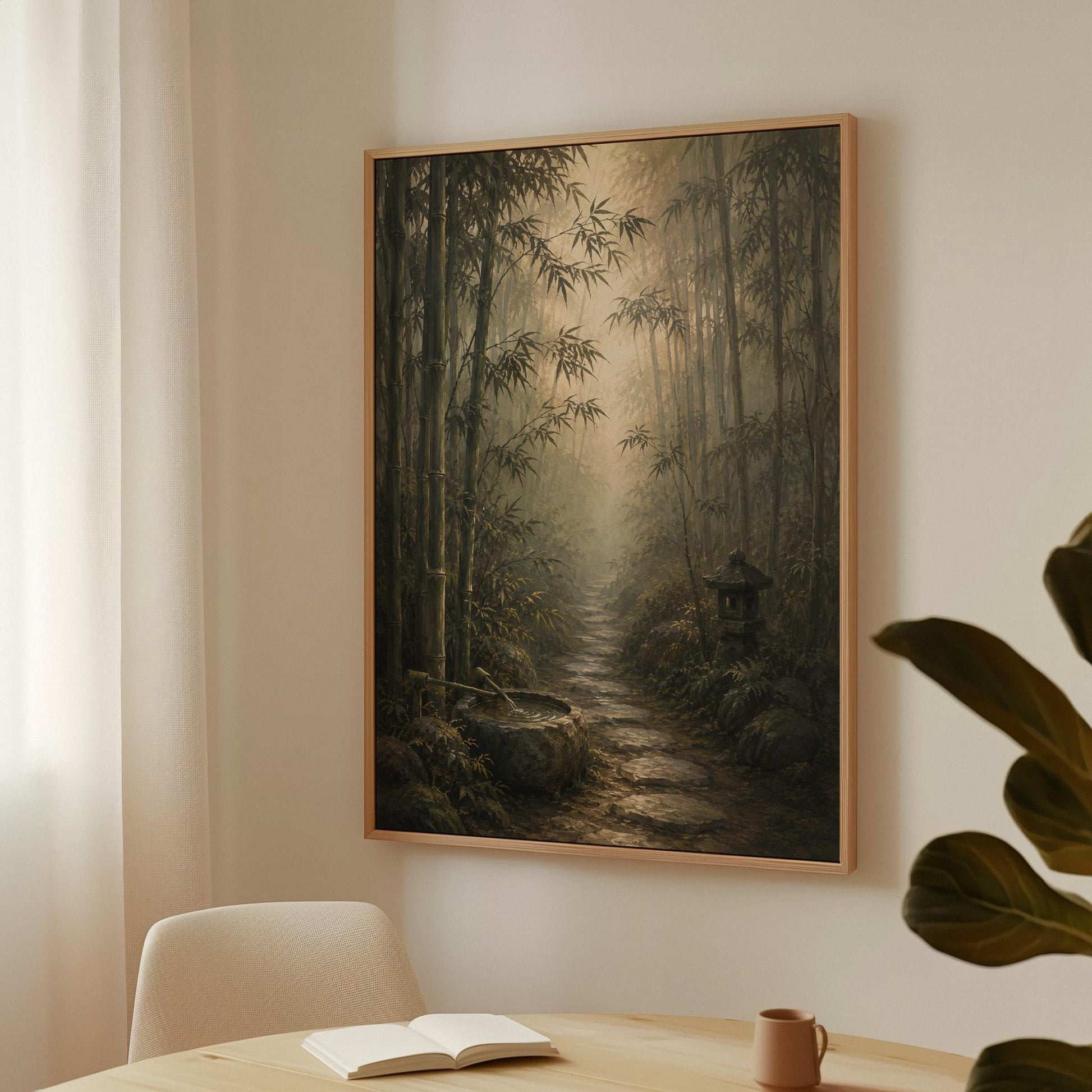 Stone path through a misty bamboo forest with a water basin, canvas print hanging in a calm, modern living space