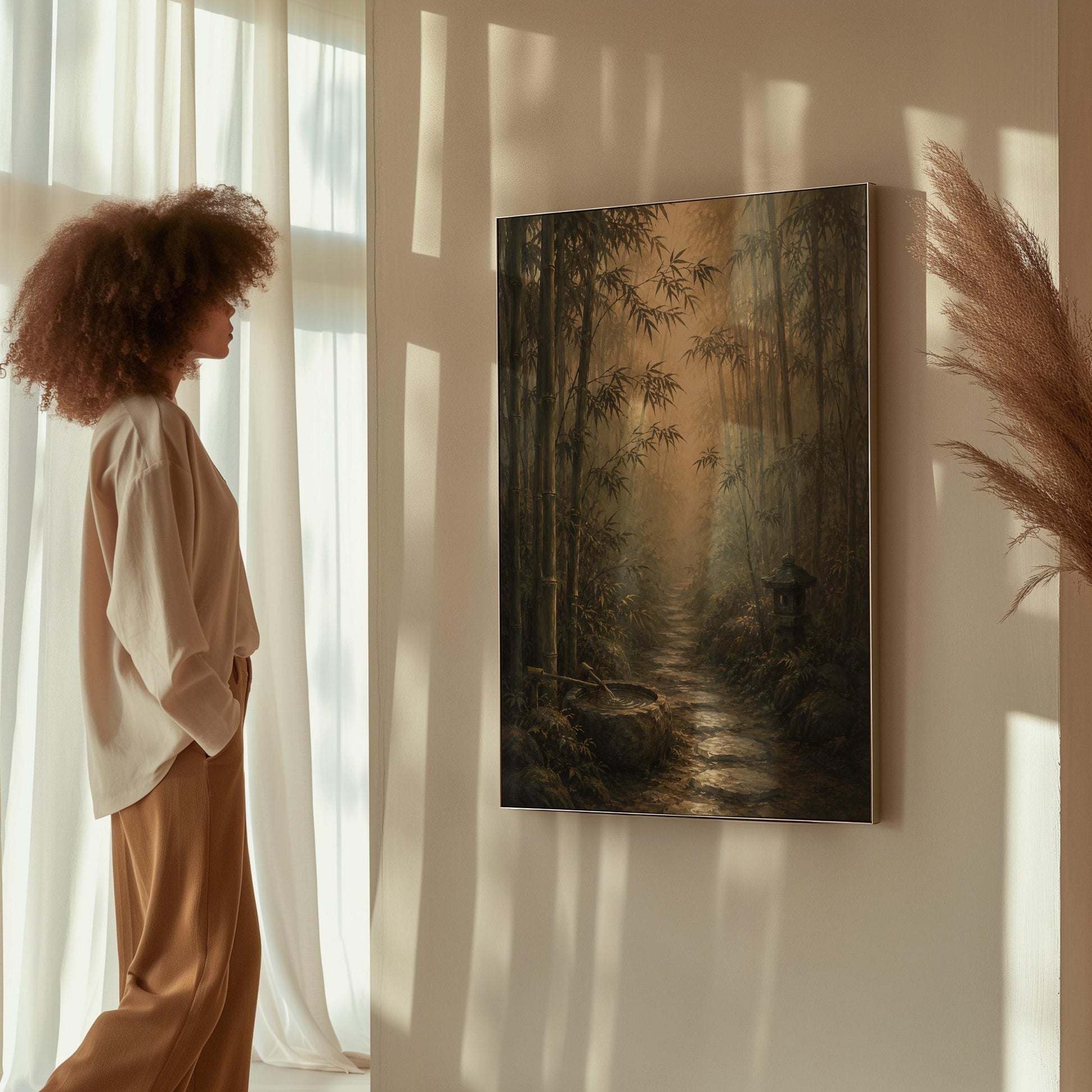 Stone path through a misty bamboo forest with a water basin, canvas print on a quiet wall in a considered interior