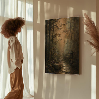 Stone path through a misty bamboo forest with a water basin, canvas print on a quiet wall in a considered interior