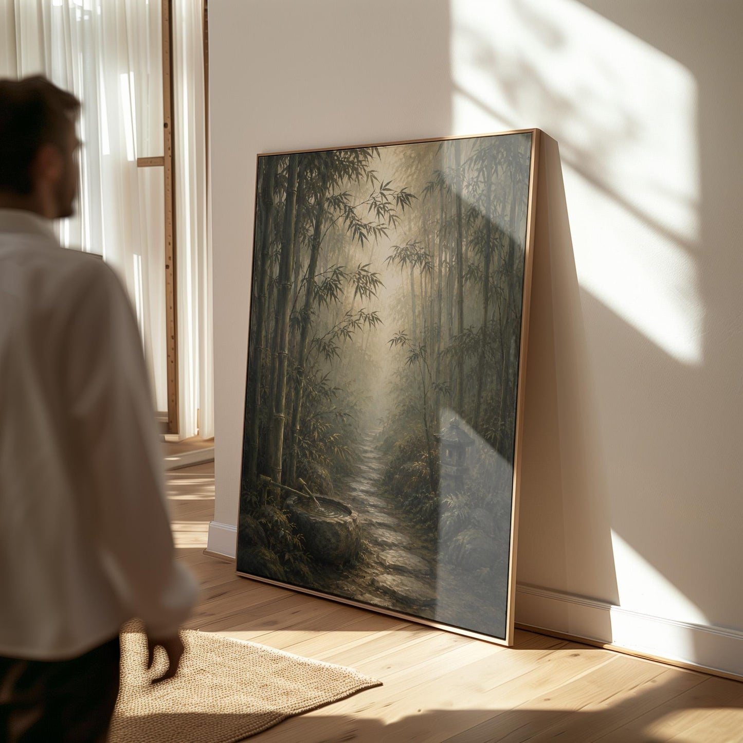 Stone path through a misty bamboo forest with a water basin, canvas print displayed on a neutral wall in a styled interior