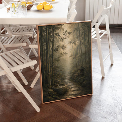Stone path through a misty bamboo forest with a water basin, canvas wall art hanging in a calm, modern living space