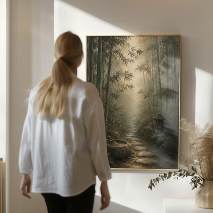 Stone path through a misty bamboo forest with a water basin, canvas wall art presented in a light, minimal room