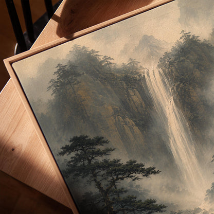 Tall waterfall and wooden bridge in a misty gorge, canvas print in a warm, minimally styled interior