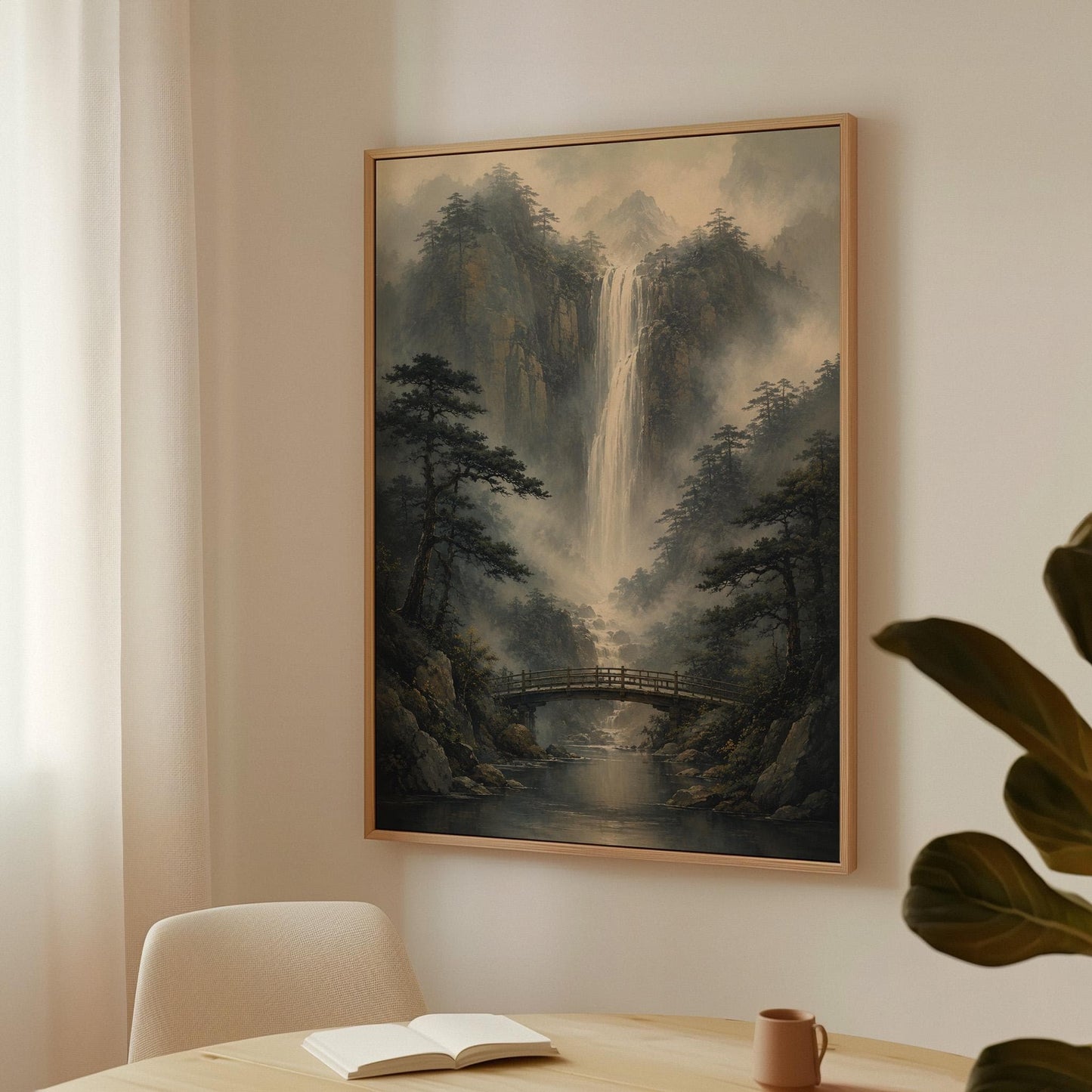 Tall waterfall and wooden bridge in a misty gorge, canvas print seen in a warm interior with natural light