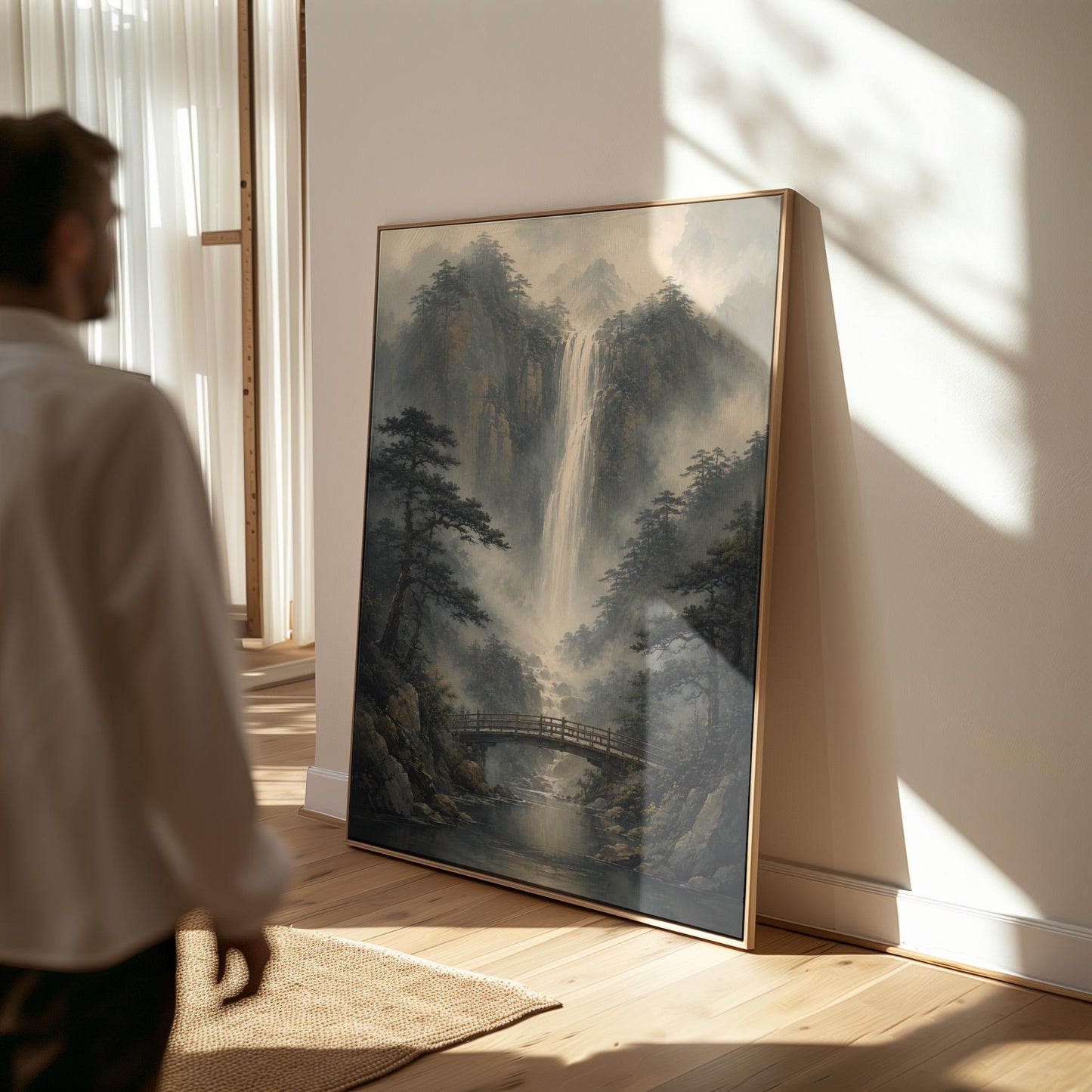 Tall waterfall and wooden bridge in a misty gorge, canvas wall art hanging in a calm, modern living space