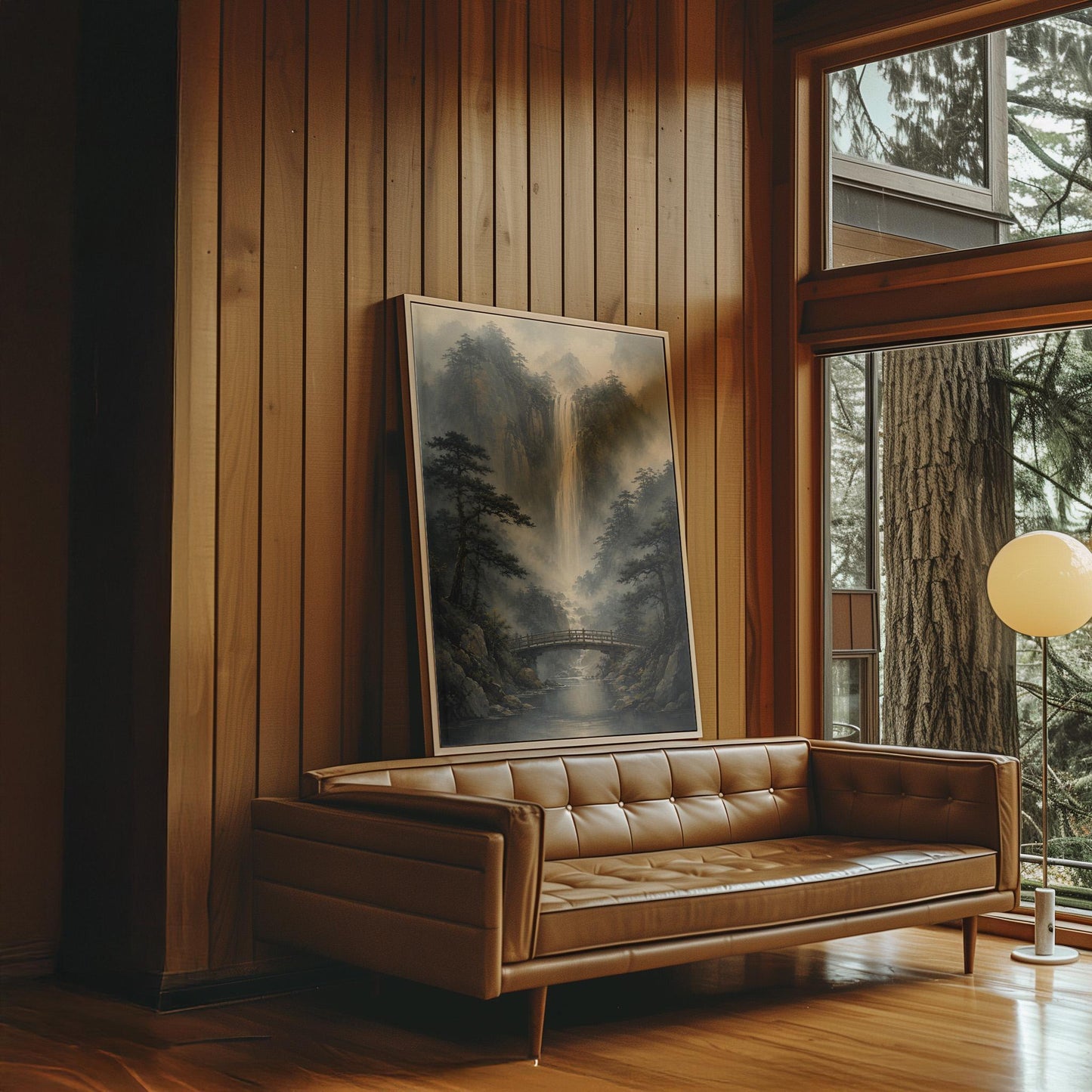 Tall waterfall and wooden bridge in a misty gorge, canvas wall art styled against a soft white wall