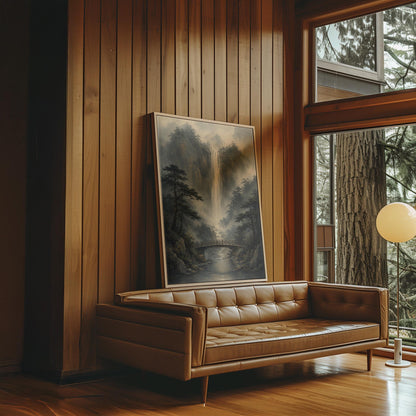 Tall waterfall and wooden bridge in a misty gorge, canvas wall art styled against a soft white wall