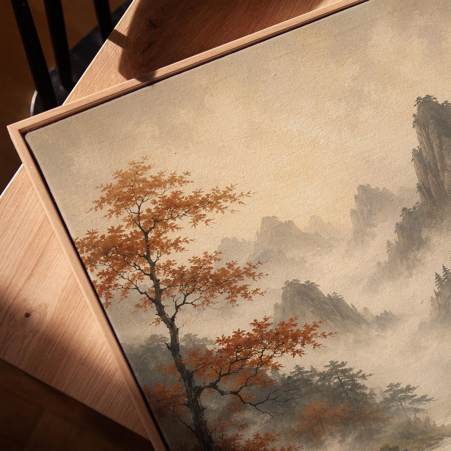 Autumn maples along a misty mountain stream, canvas print in a warm, minimally styled interior
