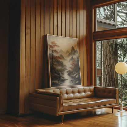 Autumn maples along a misty mountain stream, canvas print styled against a soft white wall