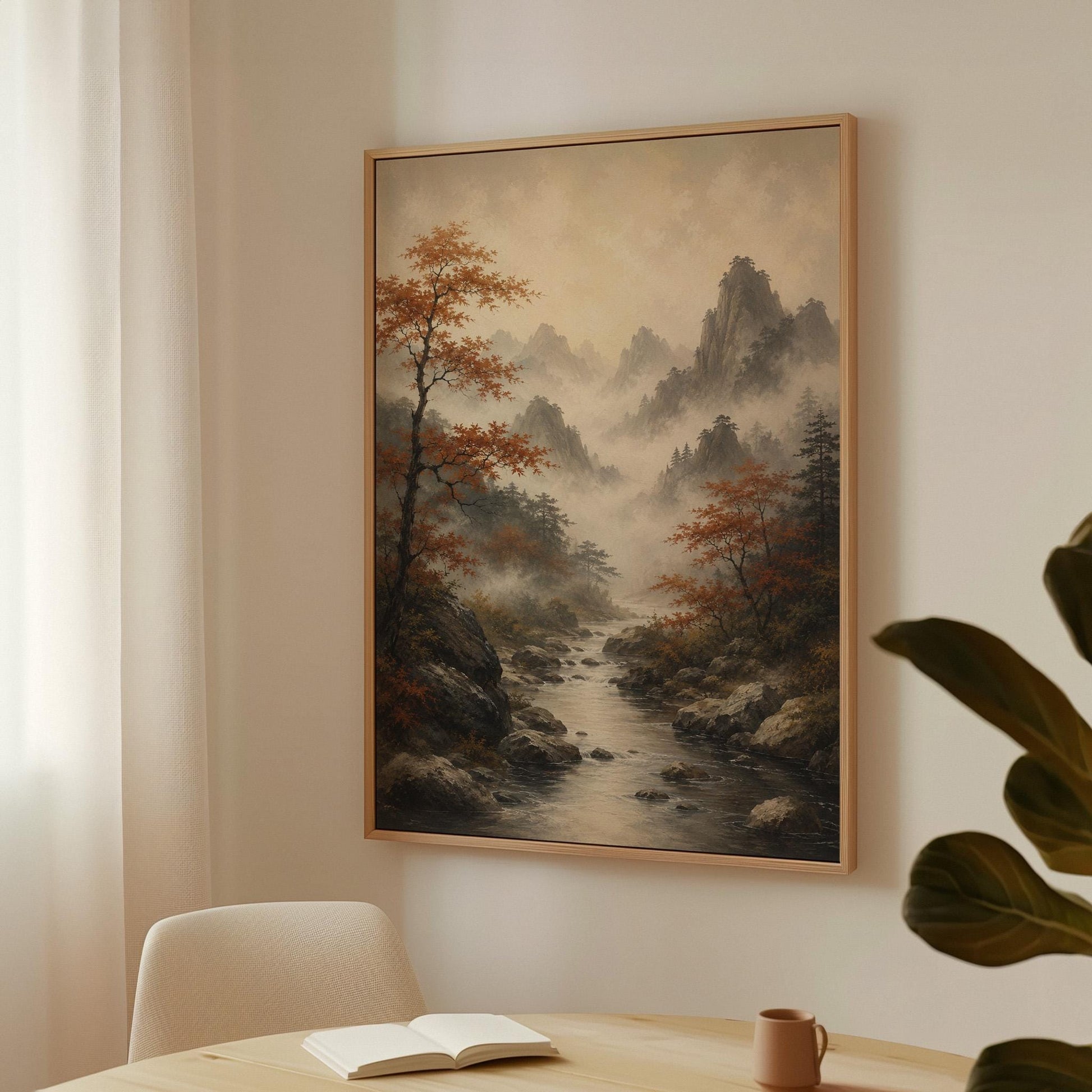 Autumn maples along a misty mountain stream, canvas print seen in a warm interior with natural light