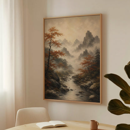 Autumn maples along a misty mountain stream, canvas print seen in a warm interior with natural light
