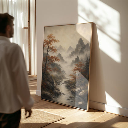 Autumn maples along a misty mountain stream, canvas print presented in a light, minimal room