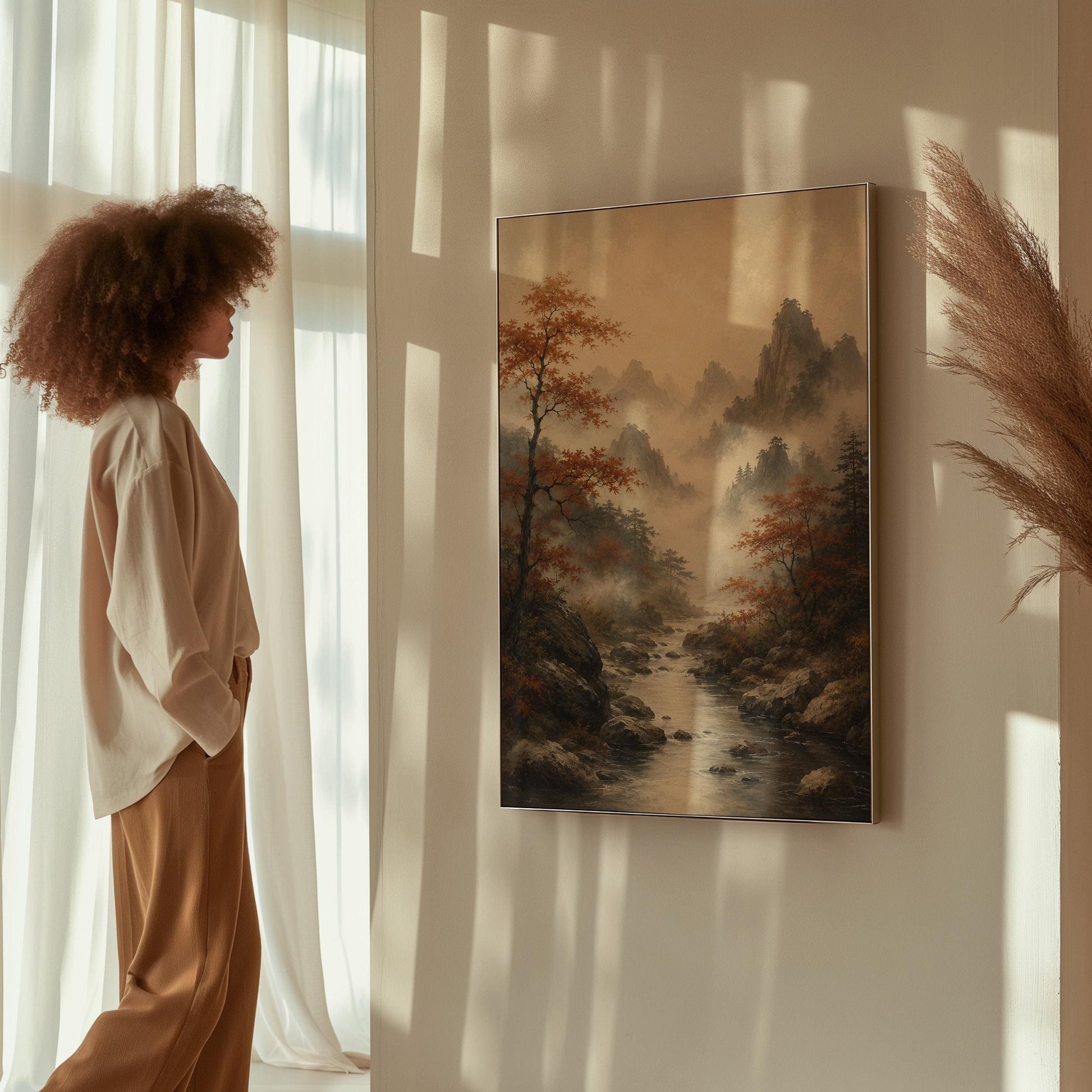 Autumn maples along a misty mountain stream, canvas print on a quiet wall in a considered interior